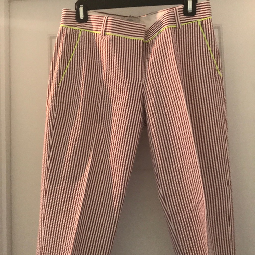 J Crew red seersucker straight leg capris